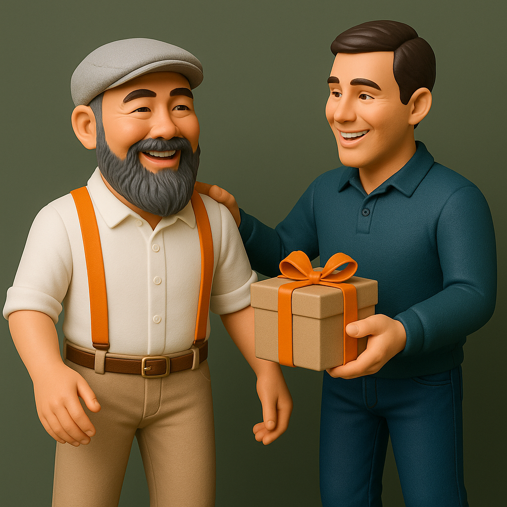 Sohn überreicht dem Vater ein Geschenk - im Comic-Stil